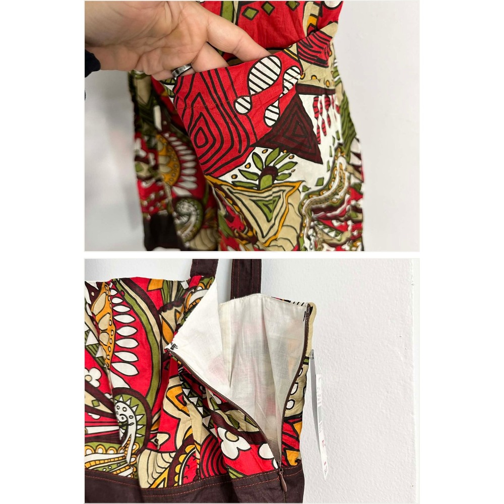 Bohemian Festival Retro Print‎ Dress Brown Multicolor w/pockets Woman 12 AGB - Picture 3 of 7
